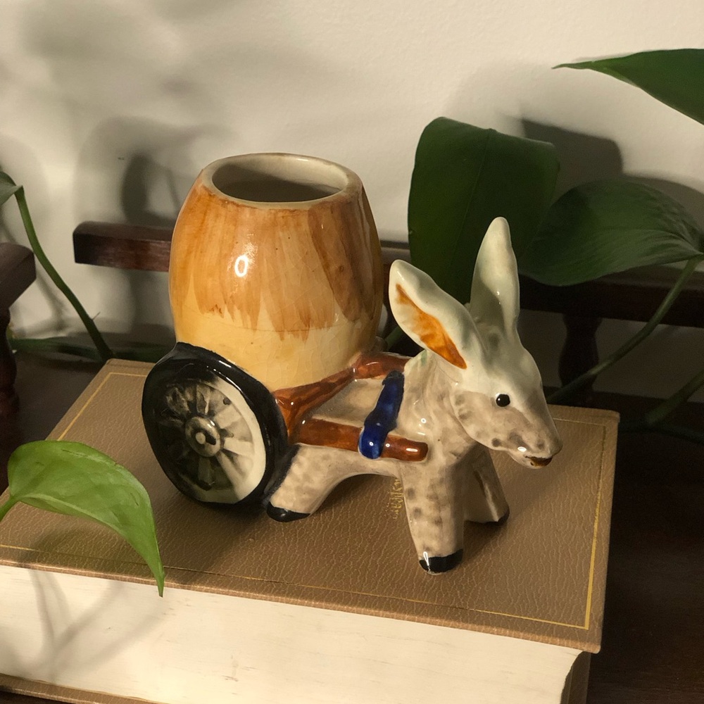 Vintage Occupied Japan Ceramic Donkey Pulling Barrel Cart Planter